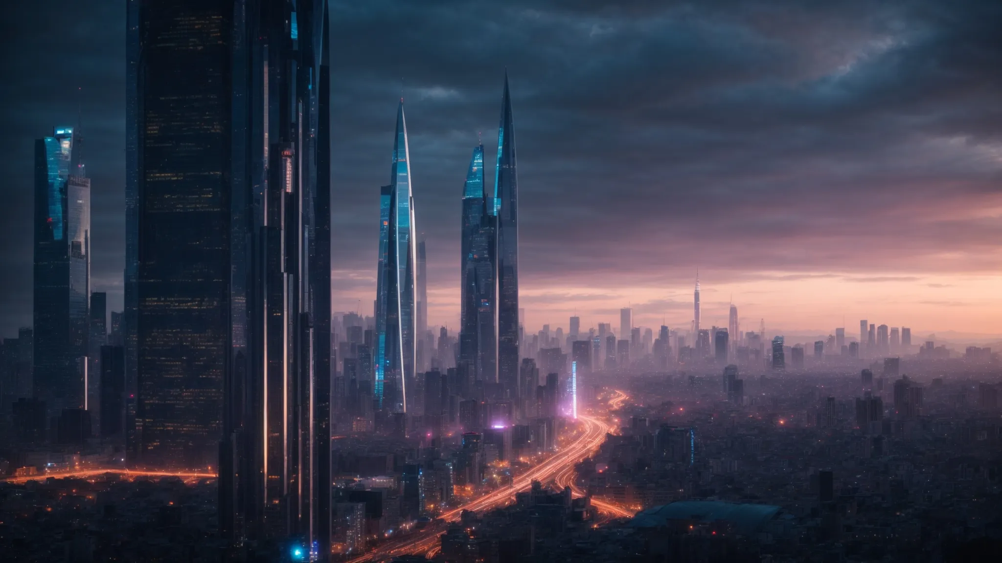 a futuristic city skyline at dusk, symbolizing technological advancement and dynamic change.
