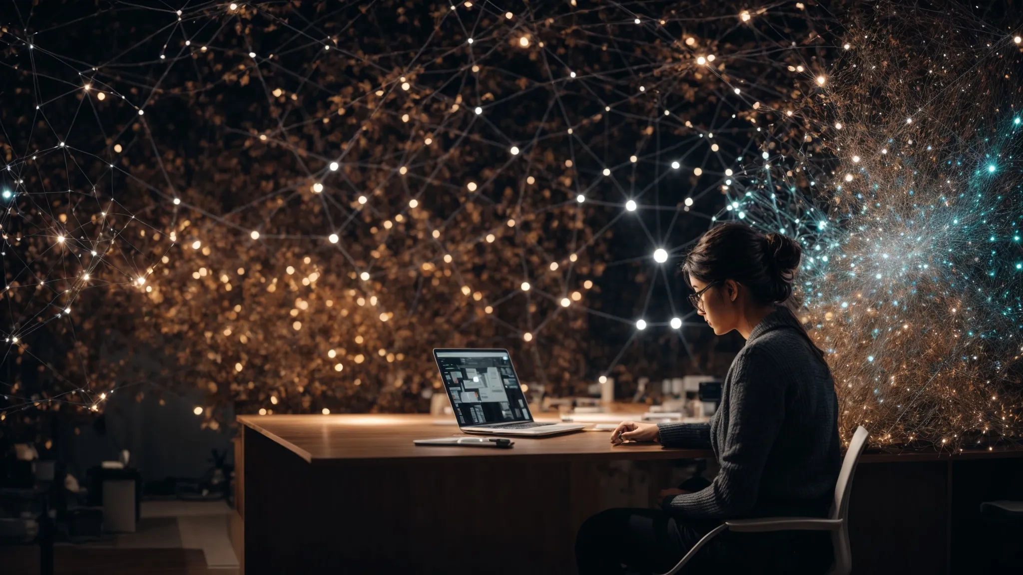a marketing specialist sits at a workspace, interacting with a dynamic digital interface representing a network of interconnected web spheres, symbolizing a strategic link-building process.
