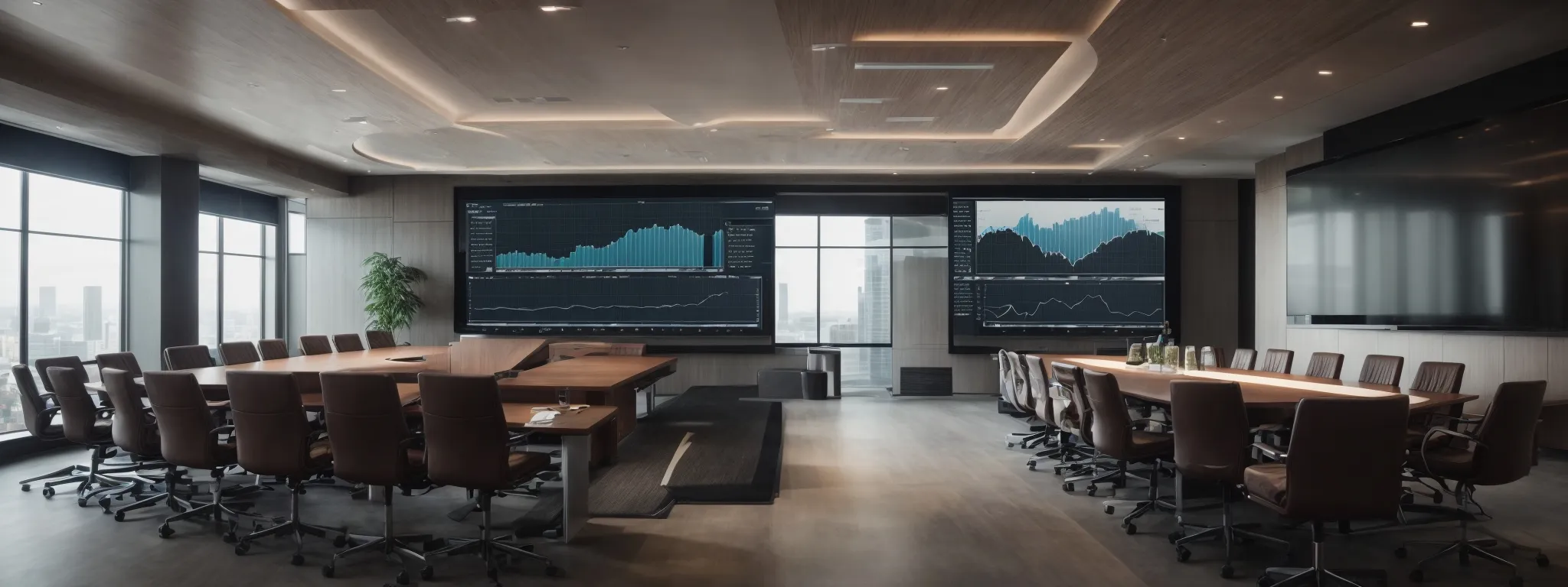 a modern, comfortable conference room with a large digital screen displaying graphs, symbolizing innovative business strategy sessions.