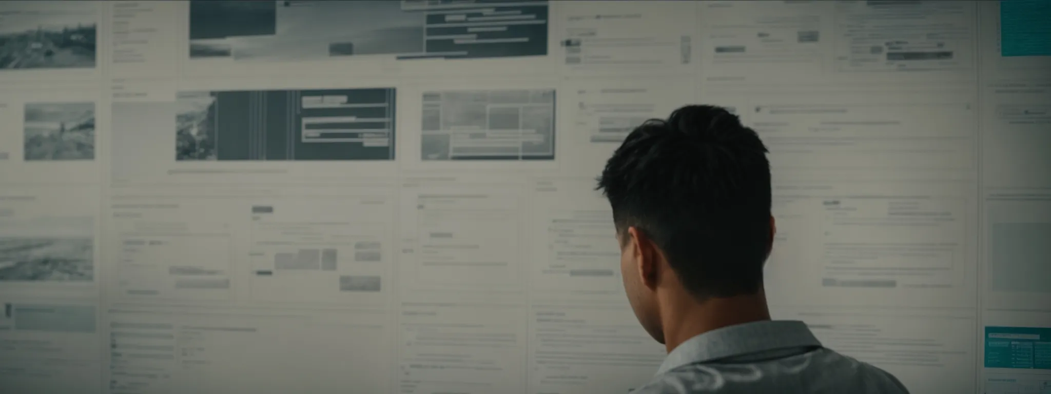 a webmaster intently maps out a website's structure on a digital storyboard, highlighting interconnected pages with lines.