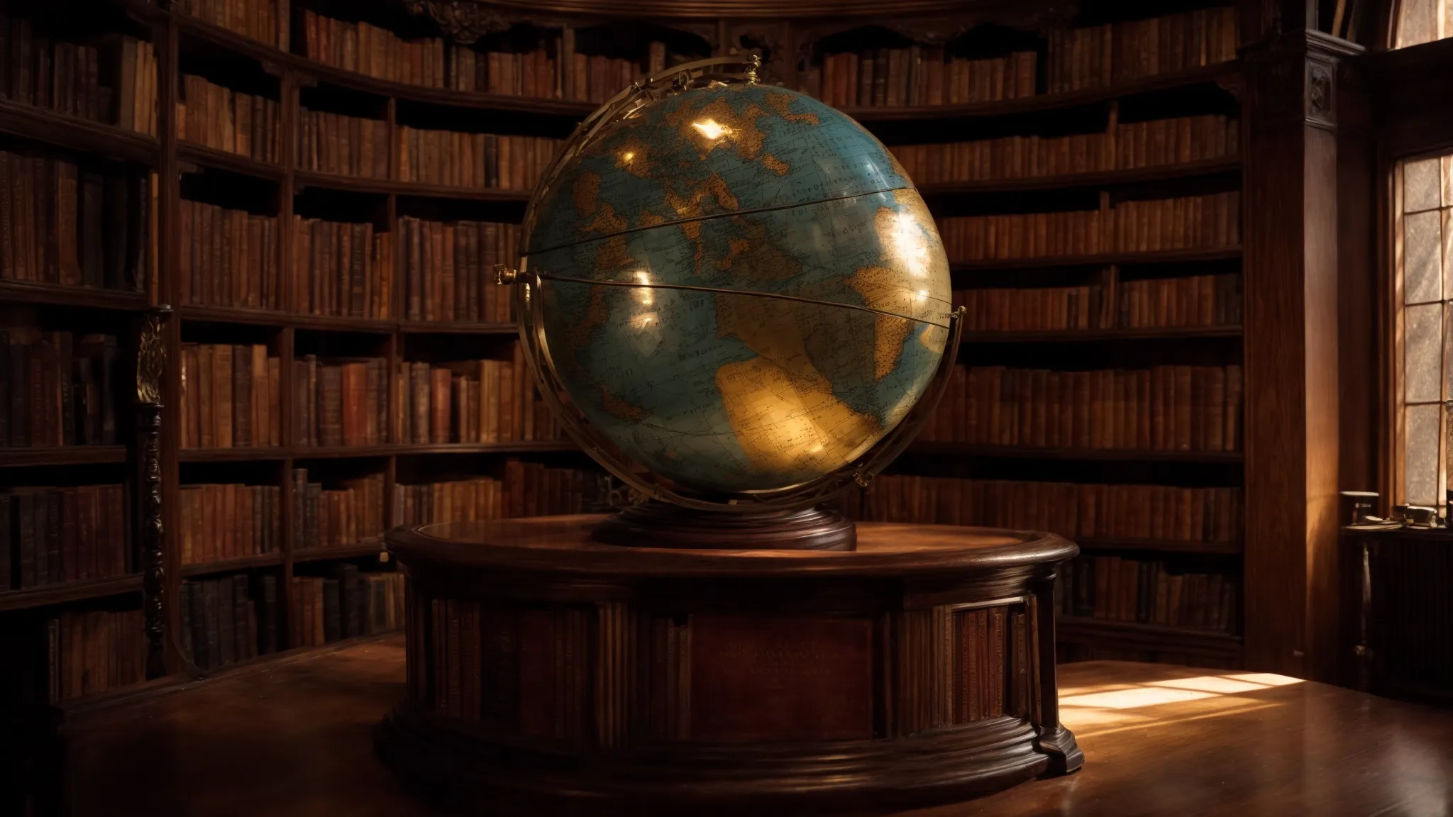 a wizard's dimly lit library with an array of ancient, mystical tomes arrayed on wooden shelves, as a celestial globe quietly gleams in the corner.