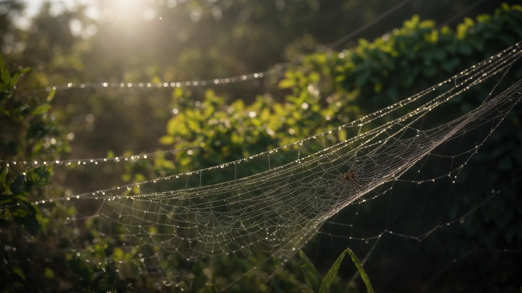 a spider deftly weaves an intricate web connecting multiple anchor points within a dew-kissed morning garden.