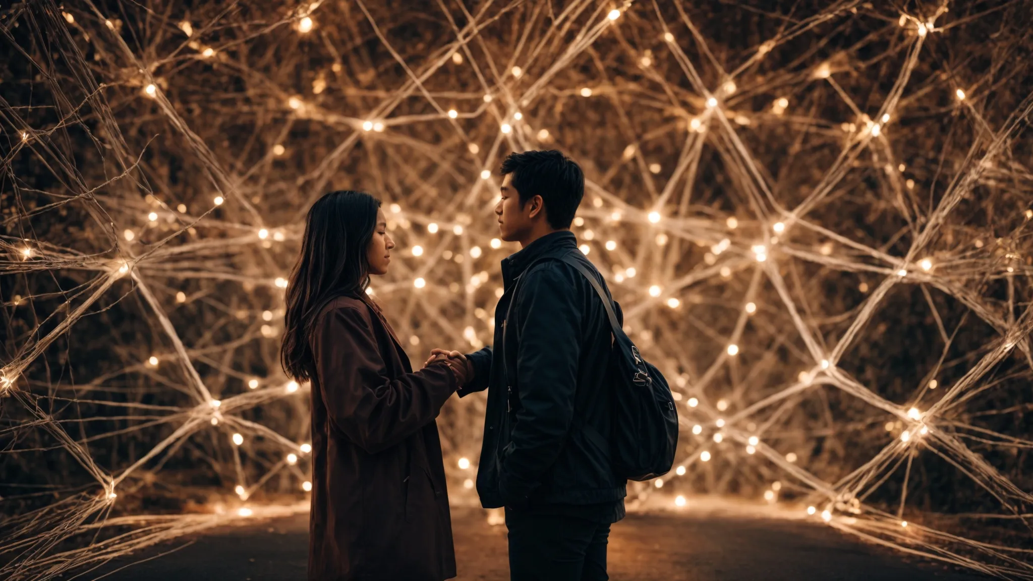 a person shaking hands with a partner in front of a large, intricate network of connected nodes that symbolizes building relationships and trust online.