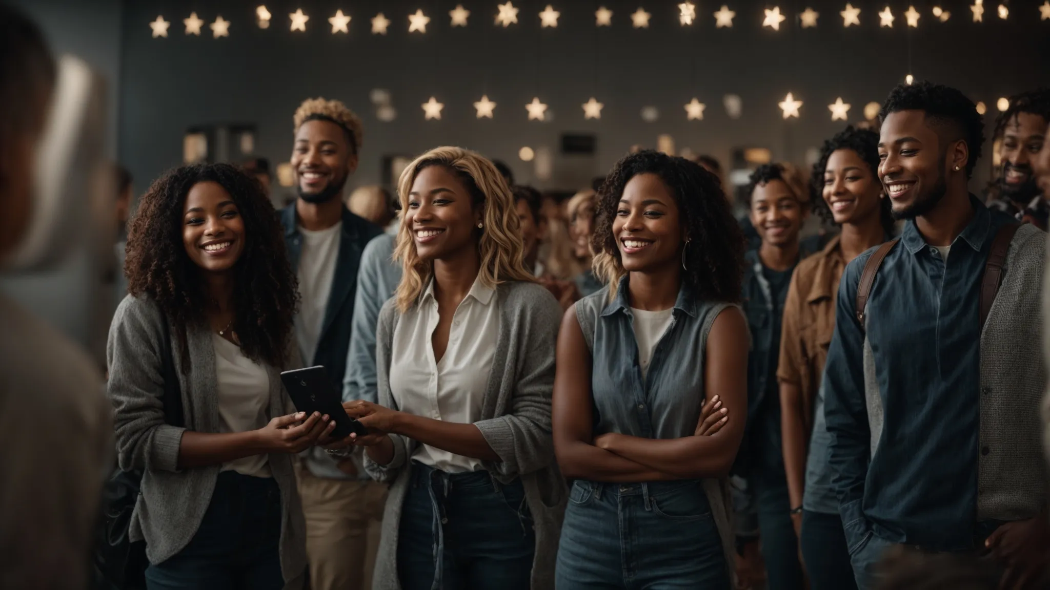 a group of diverse people smiling and engaging with a digital interface displaying star ratings and positive user feedback.