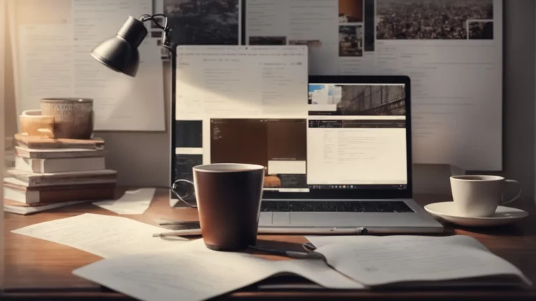a person working on a laptop with the yoast seo plugin on the screen, surrounded by notes and a cup of coffee.