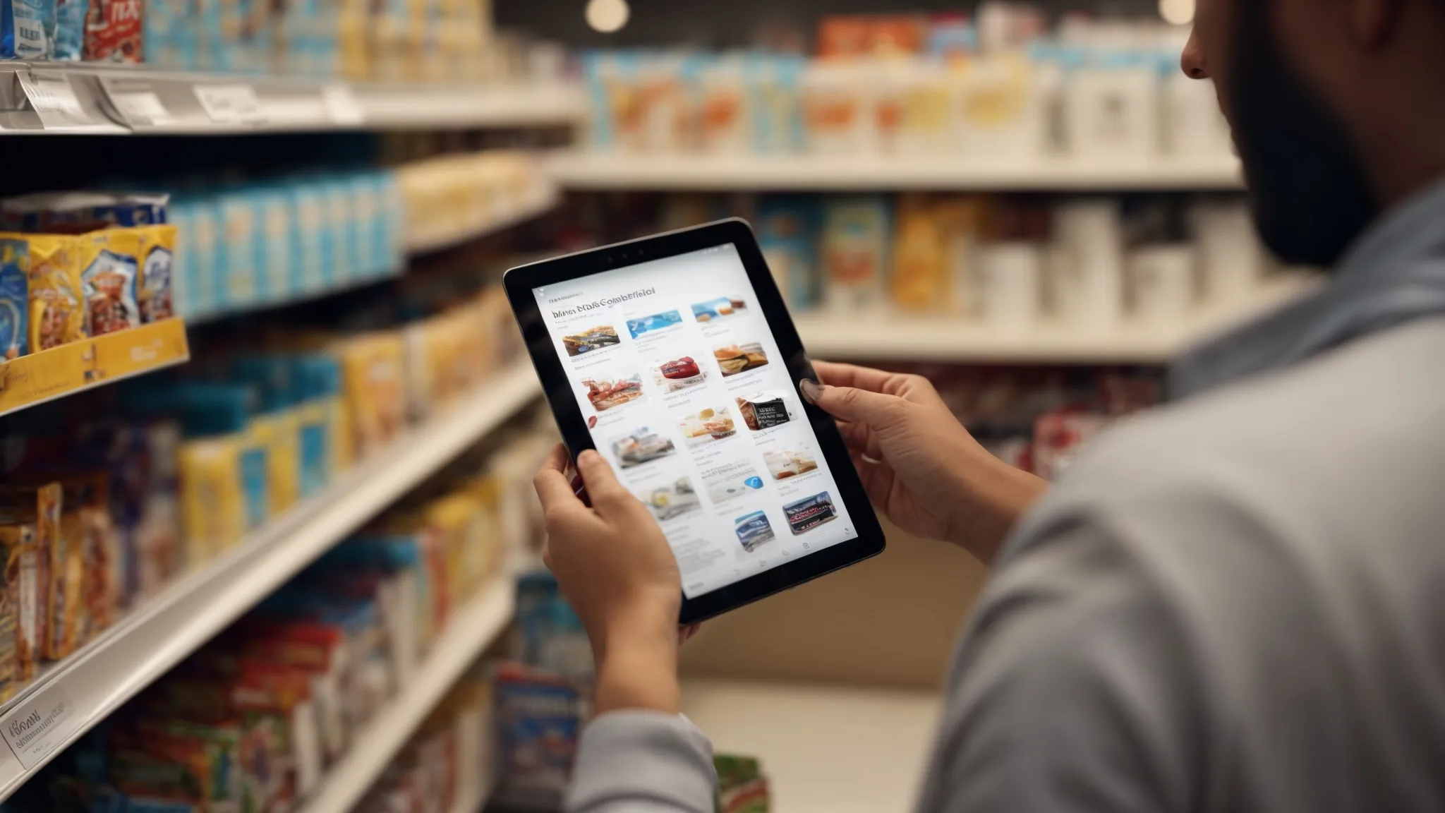 a close-up of a shopper reading product reviews on a tablet with an array of products blurred in the background.