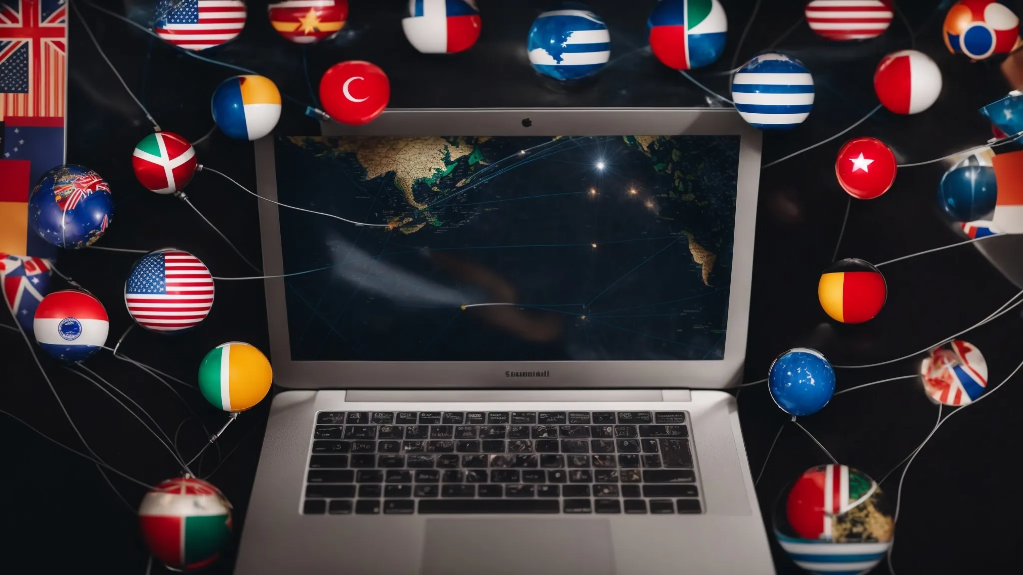 a globe surrounded by various flag icons, all connected by lines to a central laptop displaying a world map.