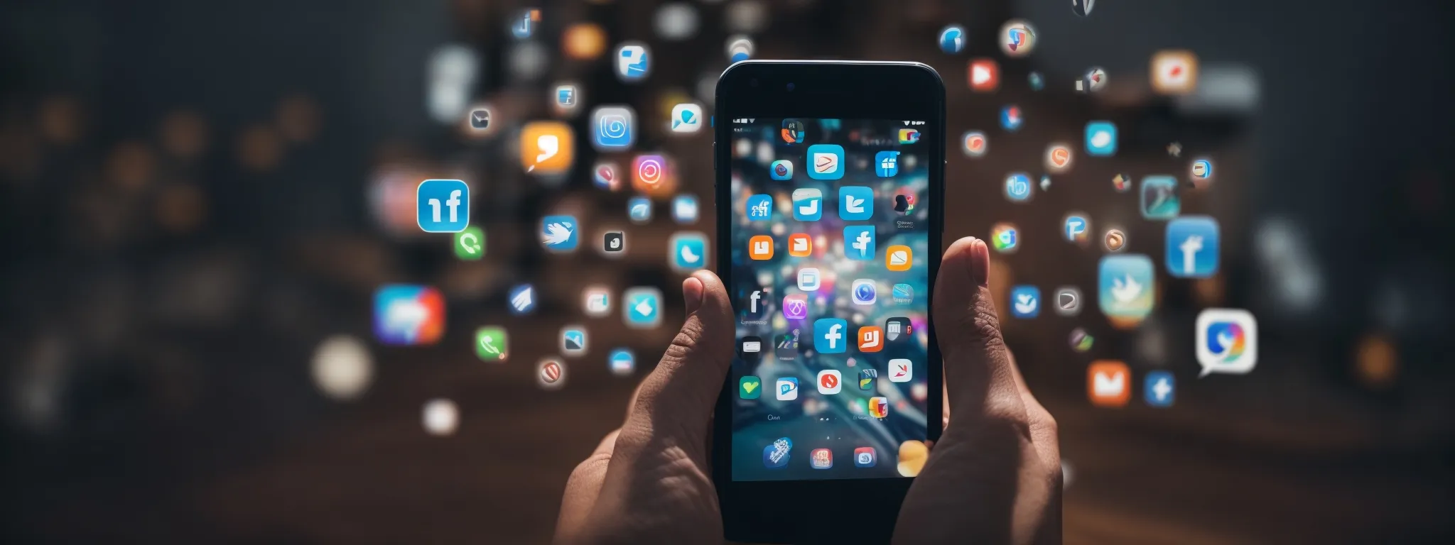 a person holding a smartphone with various social media app icons radiating outward, symbolizing content sharing and reach.