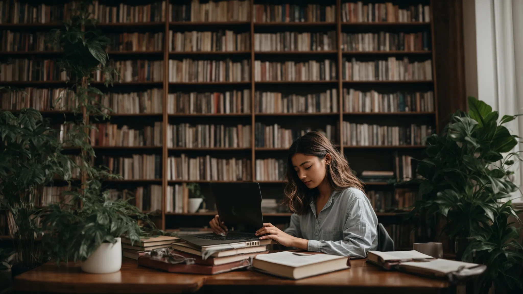 a person peacefully working on a laptop surrounded by books and plants, suggesting focused content creation.