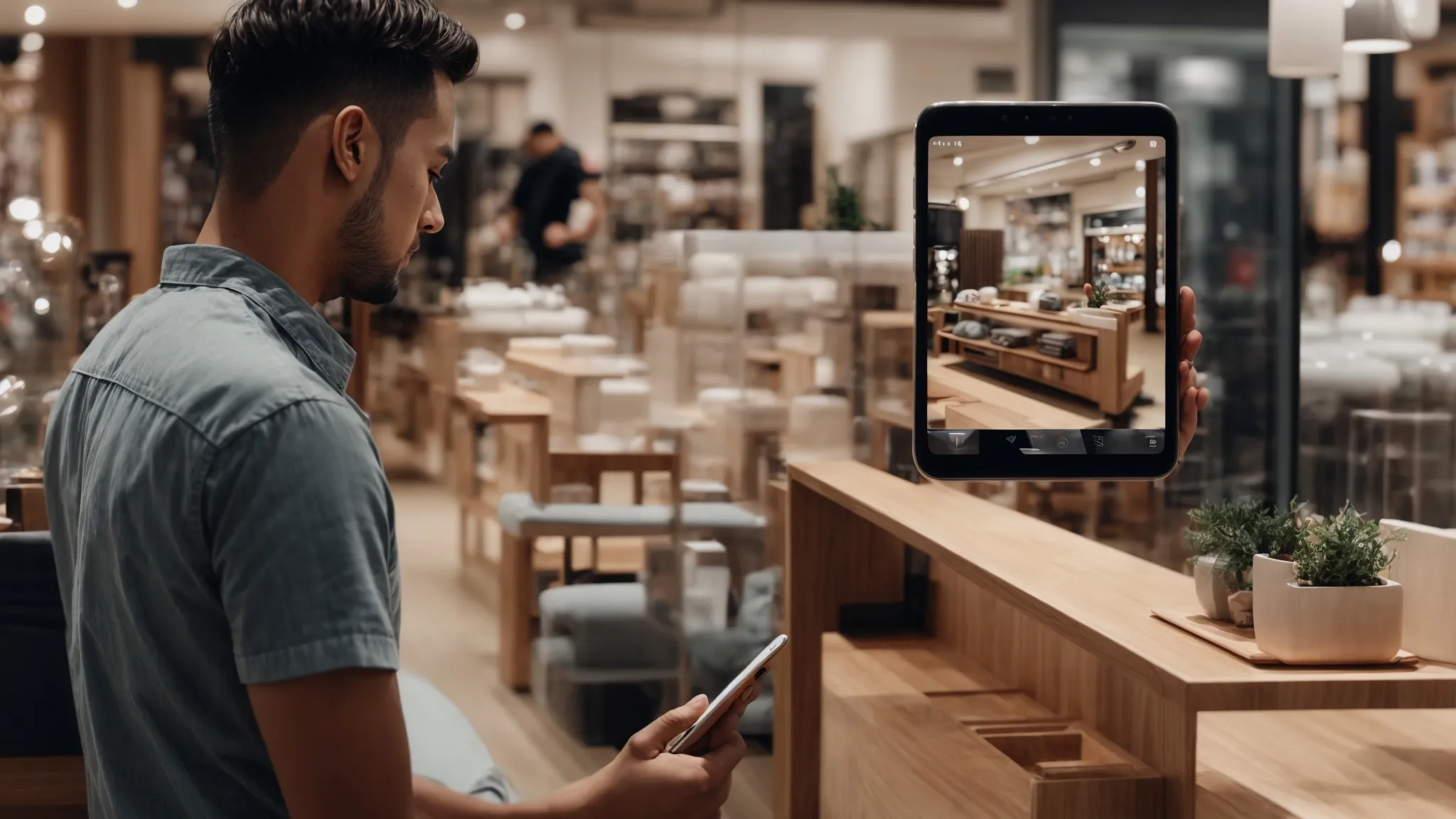 a customer in a modern, bustling store uses their smartphone to view an augmented reality overlay of furniture in their home. 