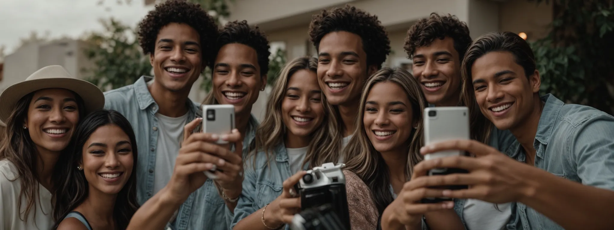 a group of happy people holding a product while taking a selfie together.