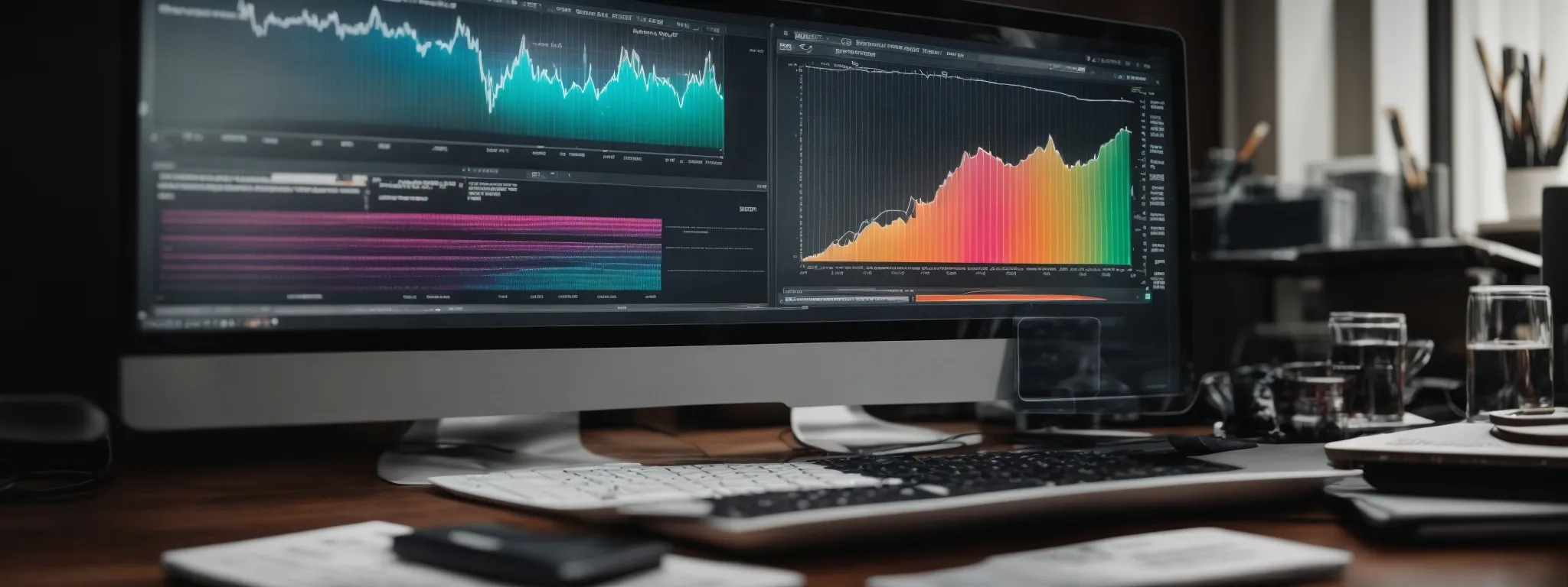 a wide-screen monitor displaying colorful analytics graphs and a magnifying glass resting on a desk symbolizing seo keyword research.