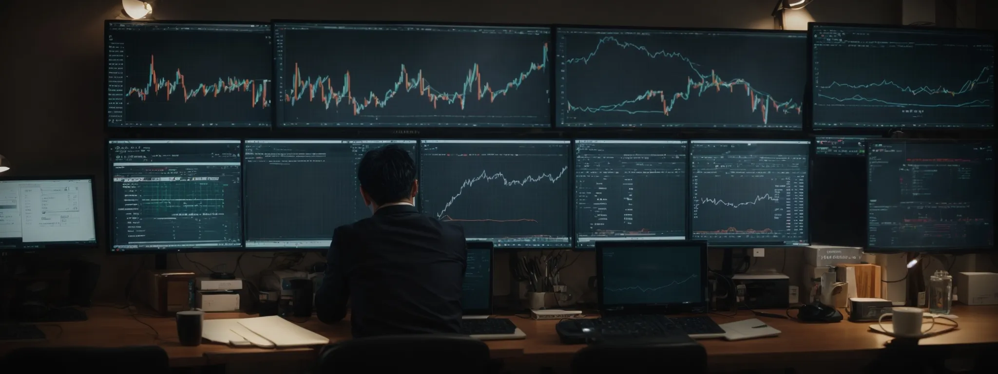 a person sitting at a computer, surrounded by charts and analytics displays, engaged in digital marketing research.