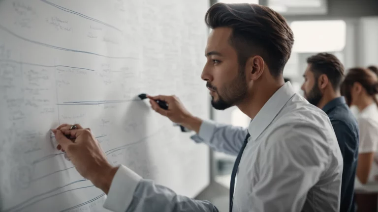 a focused individual passionately outlines a dynamic strategy on a whiteboard, symbolizing the planning of seo tactics.