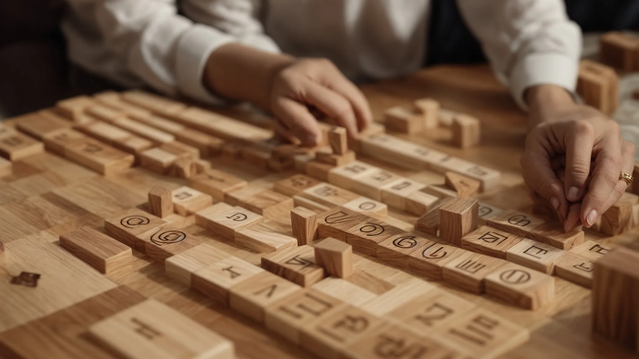 a person thoughtfully arranges wooden blocks with various abstract symbols on a strategic board game that metaphorically represents planning an seo strategy.