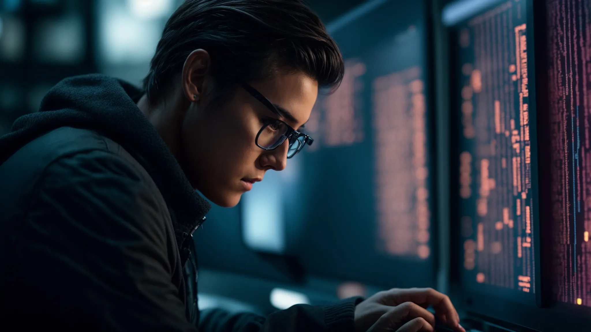 a focused individual intently studies data on a computer screen, highlighting potential keywords amidst a sea of digital information.