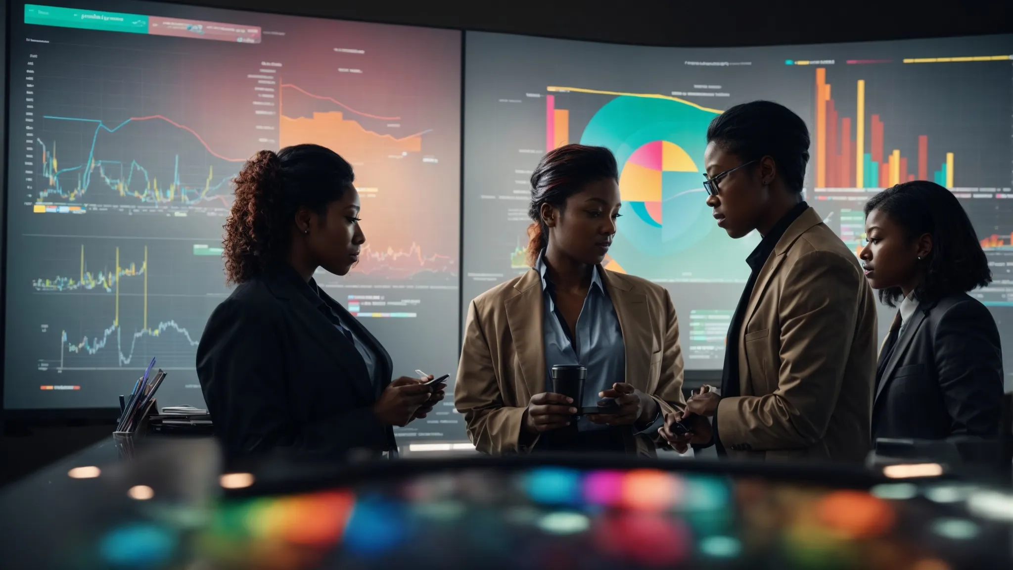 a team of diverse professionals brainstorming around a digital screen displaying colorful graphs and charts.