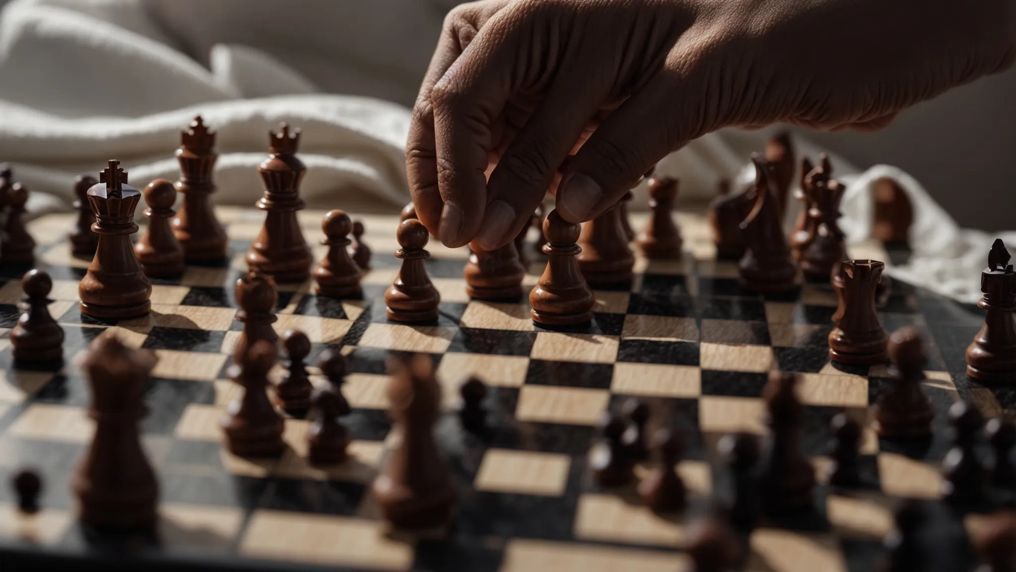 a person thoughtfully arranges chess pieces on a board, symbolizing the strategic placement of keywords in content creation.