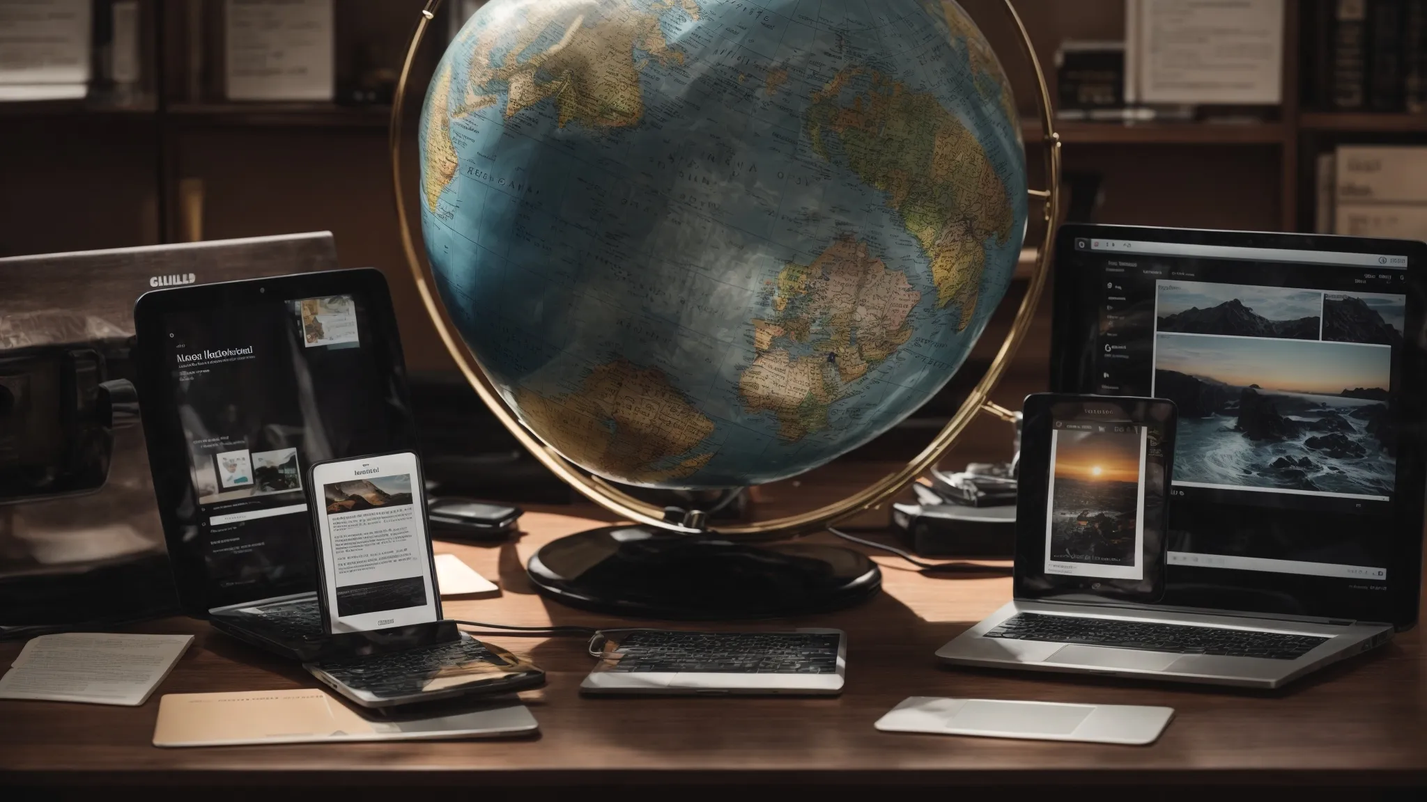 a globe surrounded by multiple digital devices displaying webpages in various languages.