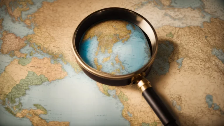 a globe surrounded by various national flags with a magnifying glass focusing on a key point on the map.