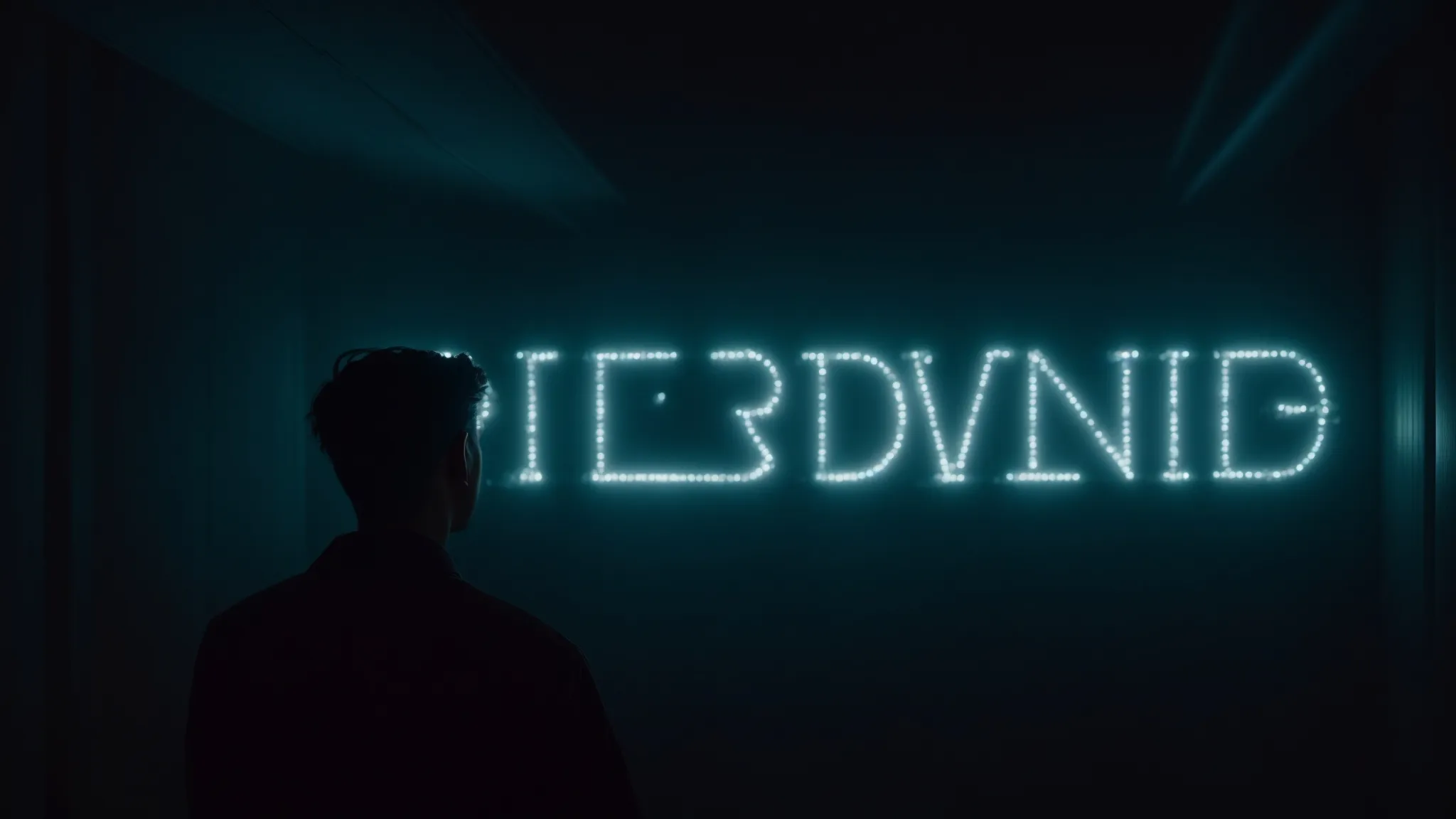 a person illuminating a keyword sign with a spotlight in a dark room, symbolizing the discovery of trending topics.
