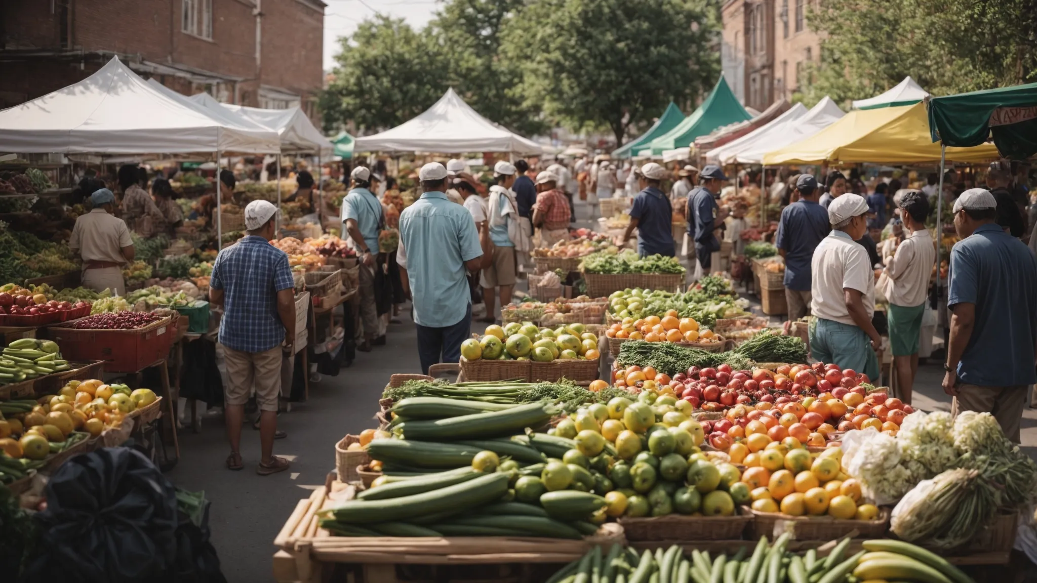a bustling farmer's market with vibrant stalls and community members interacting.