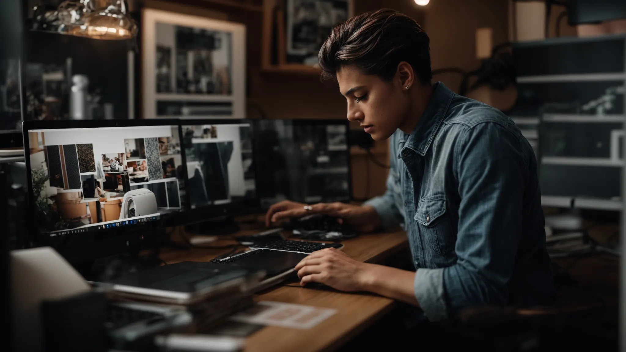 a blogger selecting high-resolution images on a computer to enhance their post’s appeal.