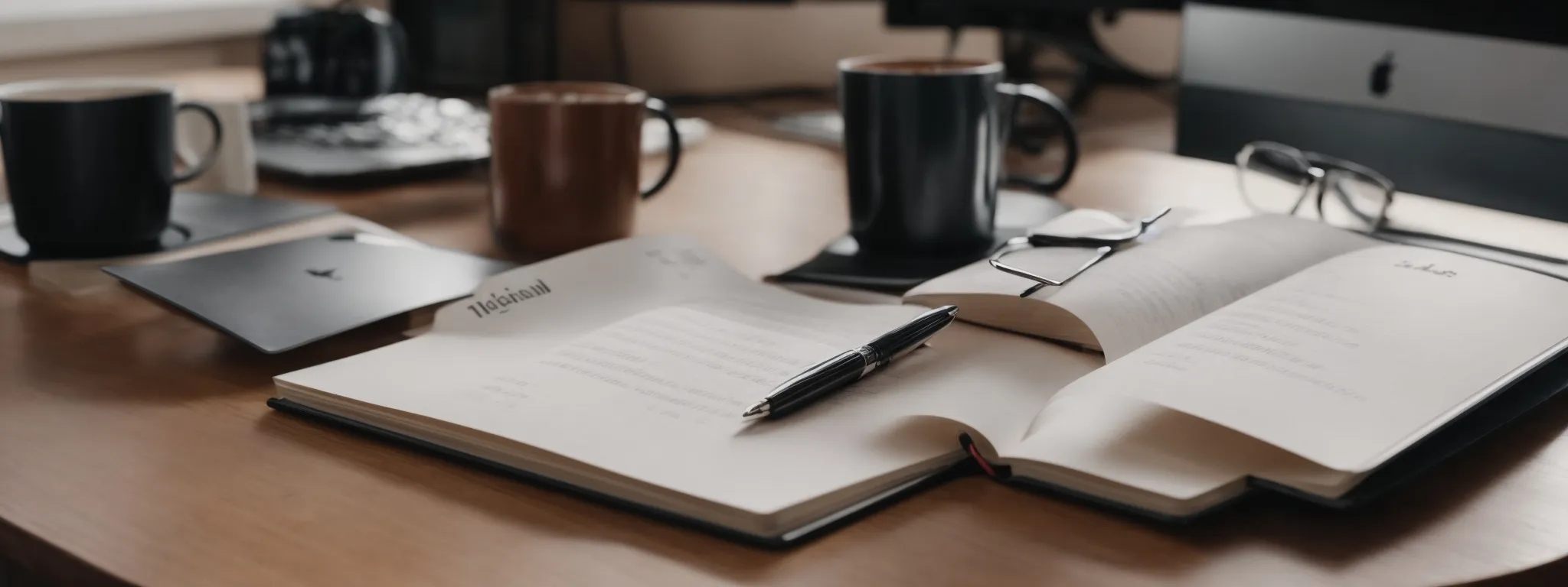a laptop with seo analytics on the screen sits next to a notepad and a cup of coffee on a desk.
