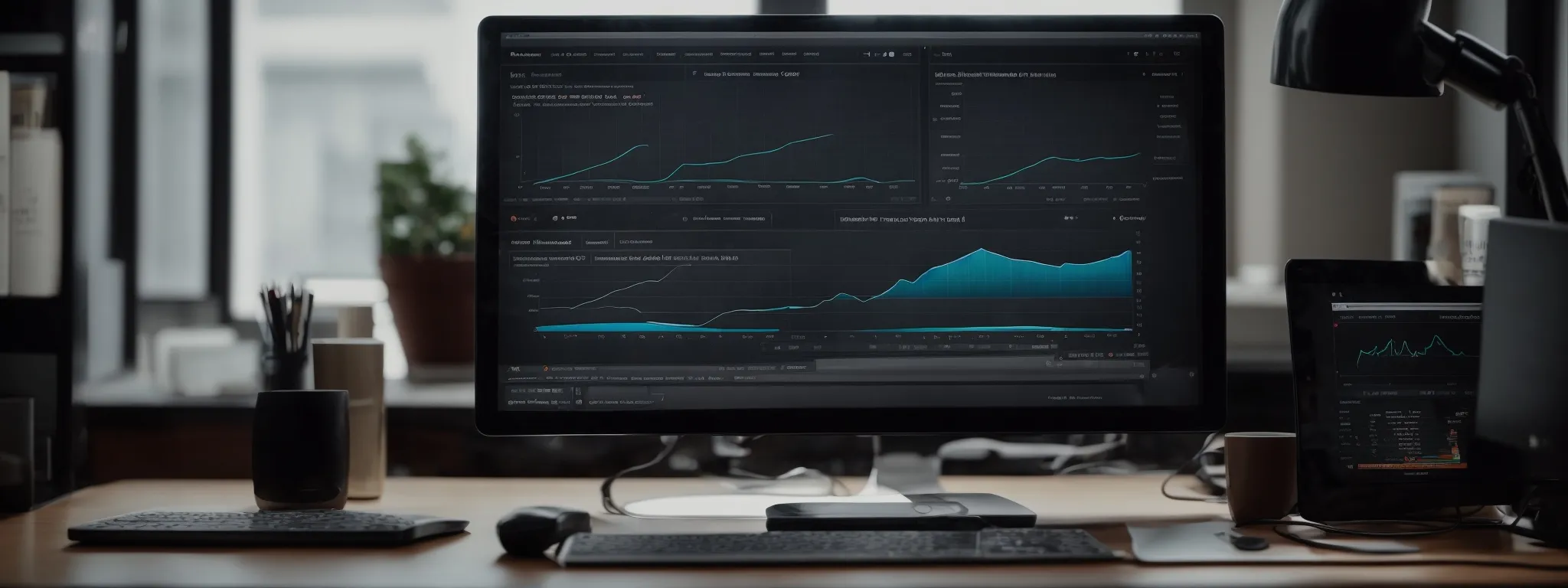 a professional desk setup with a computer displaying graphs of website traffic analytics and a highlighted icon representing premium seo tools.
