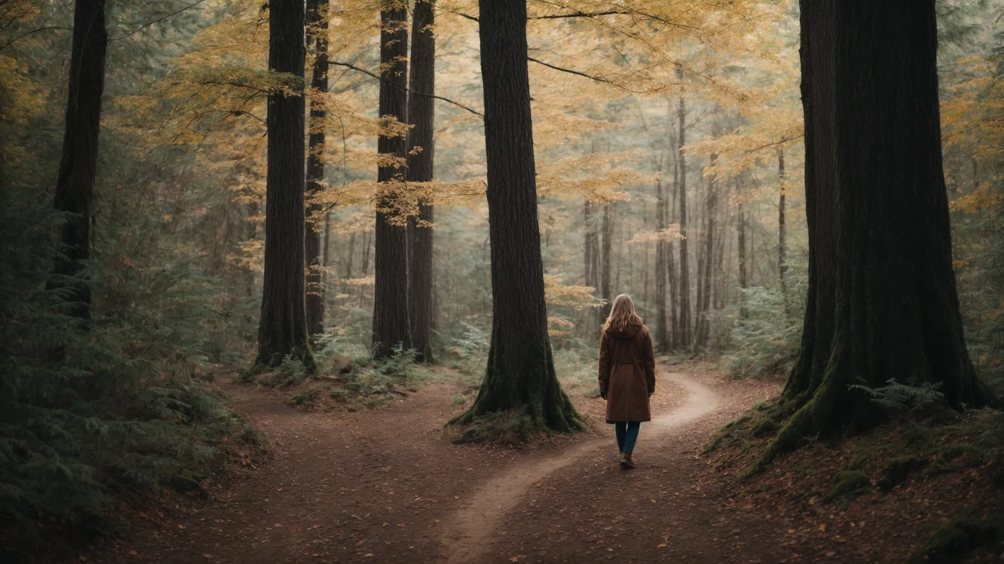 a person standing at a fork in a forest path, choosing between two identical-looking trails.