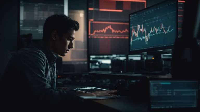 a focused individual sits in front of a large computer monitor, analyzing complex data charts and graphs that represent search engine trends.