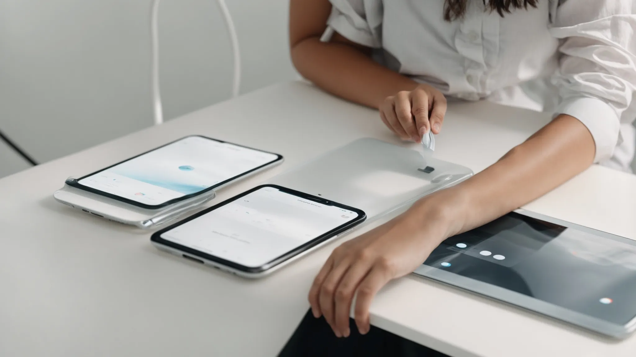 a person of ambiguous gender interacts with a large touchscreen interface seamlessly shifting content to their smartphone on a white, minimalist desk.