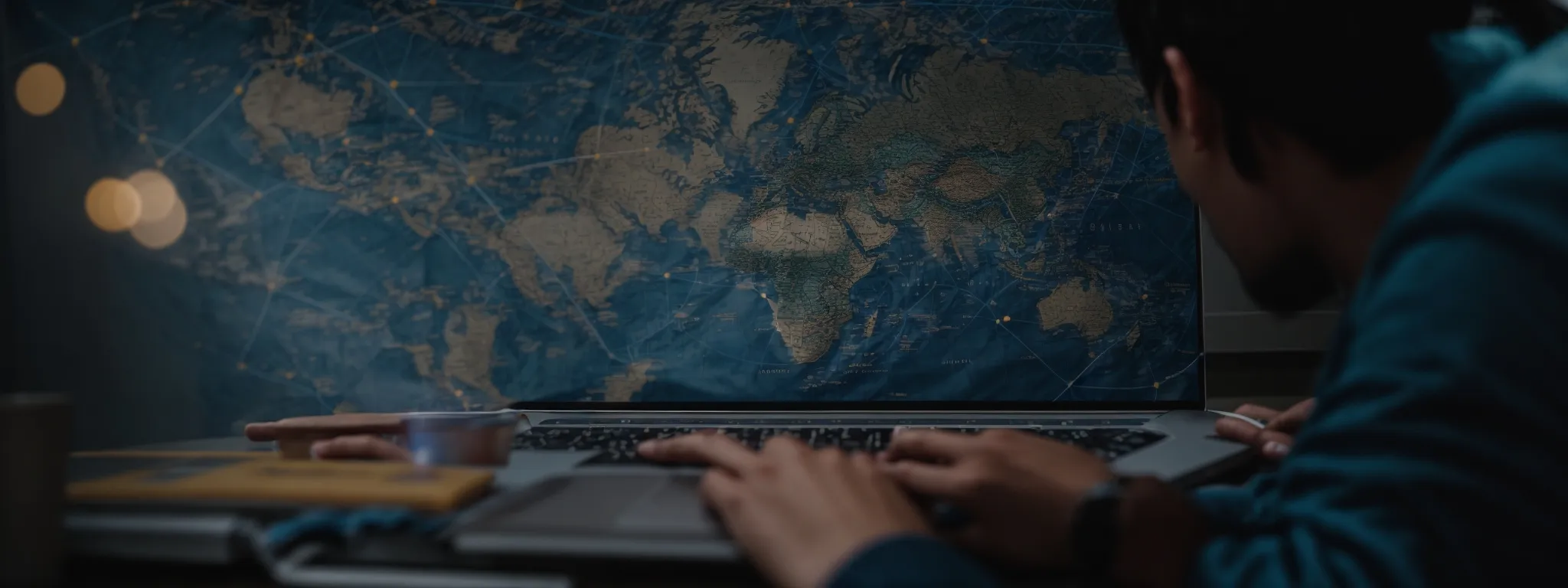 a person typing on a laptop with an abstract world map in the background, symbolizing connectivity and global reach.