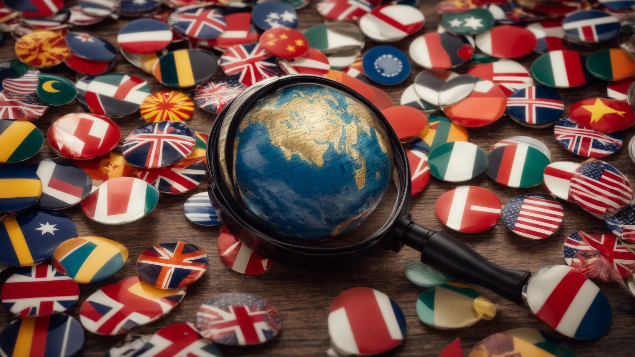 a globe surrounded by diverse flags, with a magnifying glass hovering over it, symbolizes a global search strategy.