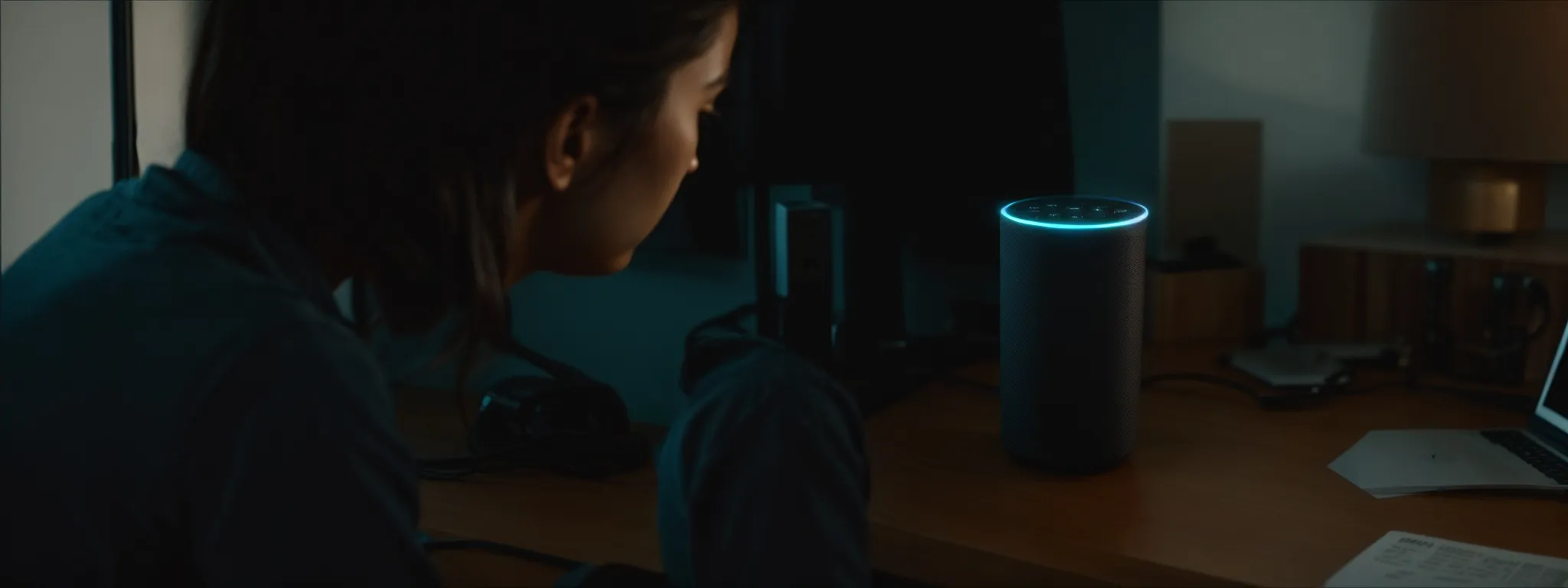 a person talks to a smart speaker on a desk, illuminating voice interaction with technology.