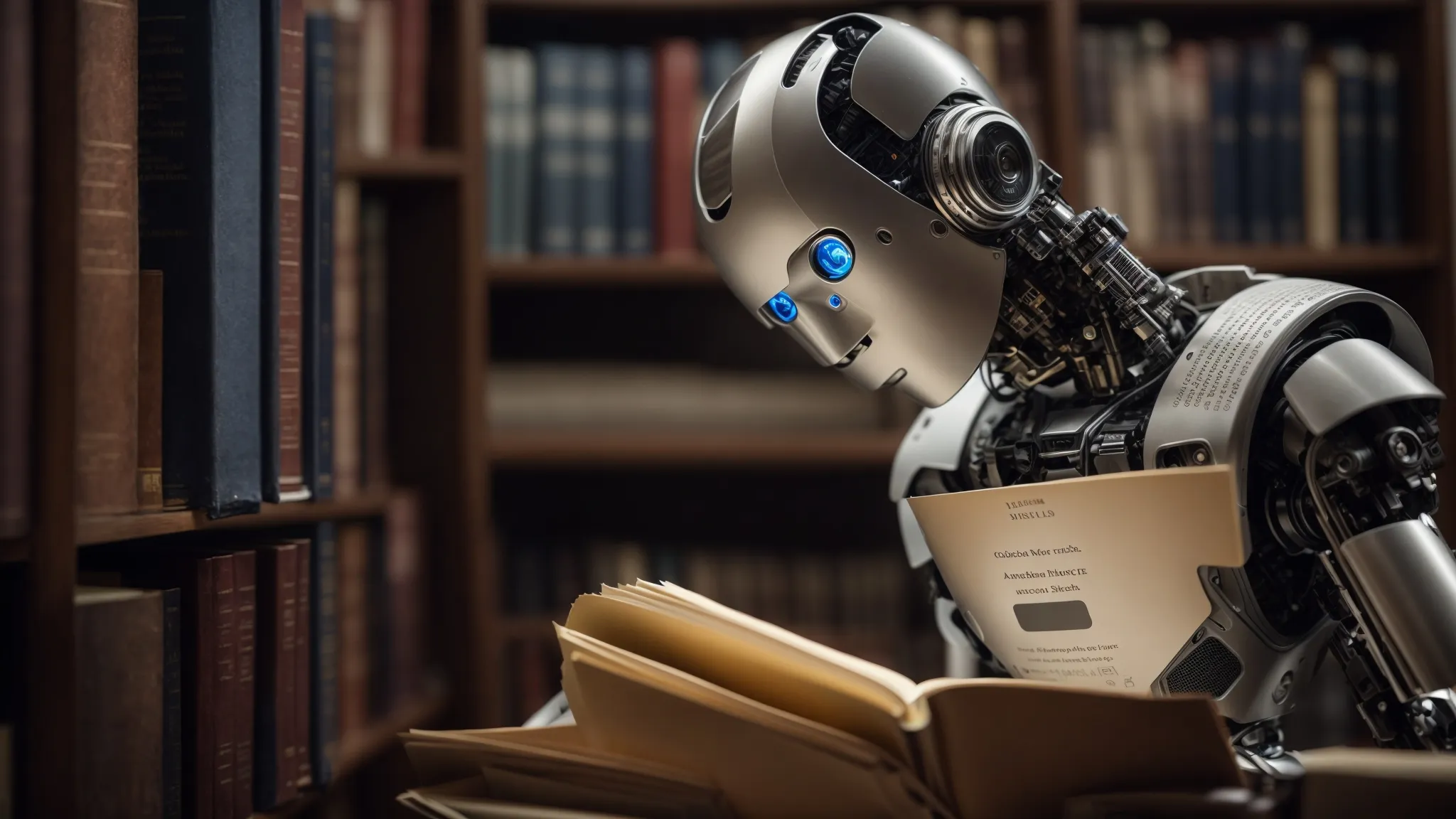 a humanoid robot intently examining a book in a library setting.