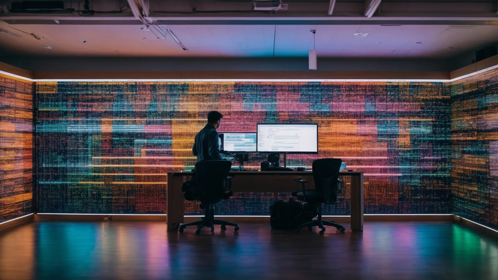 inside a brightly lit library, a web developer sits at a large monitor displaying a colorful flowchart that represents google's data aggregation algorithm for knowledge panels.