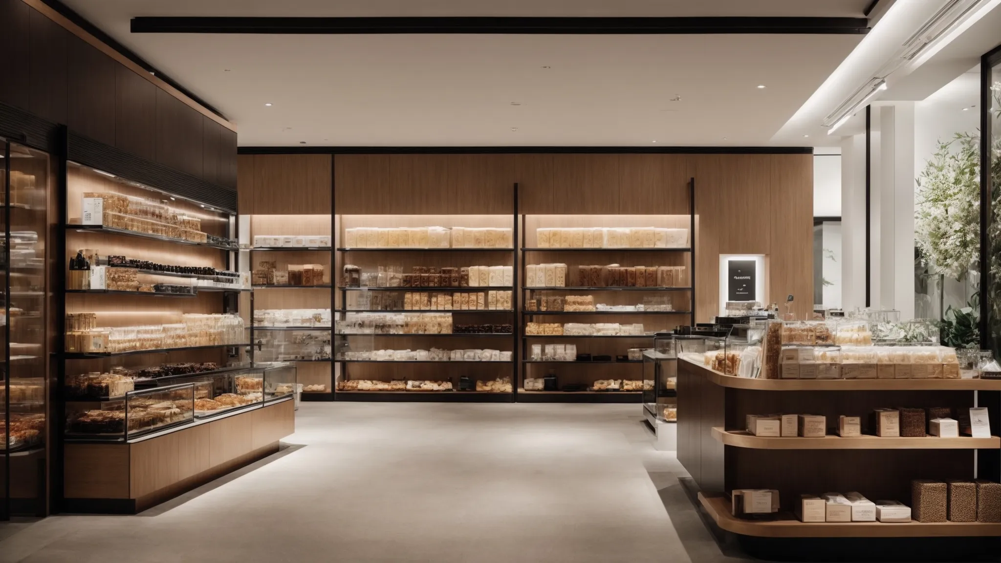 a sleek store interior subtly integrating modern design elements while showcasing classic product packaging.
