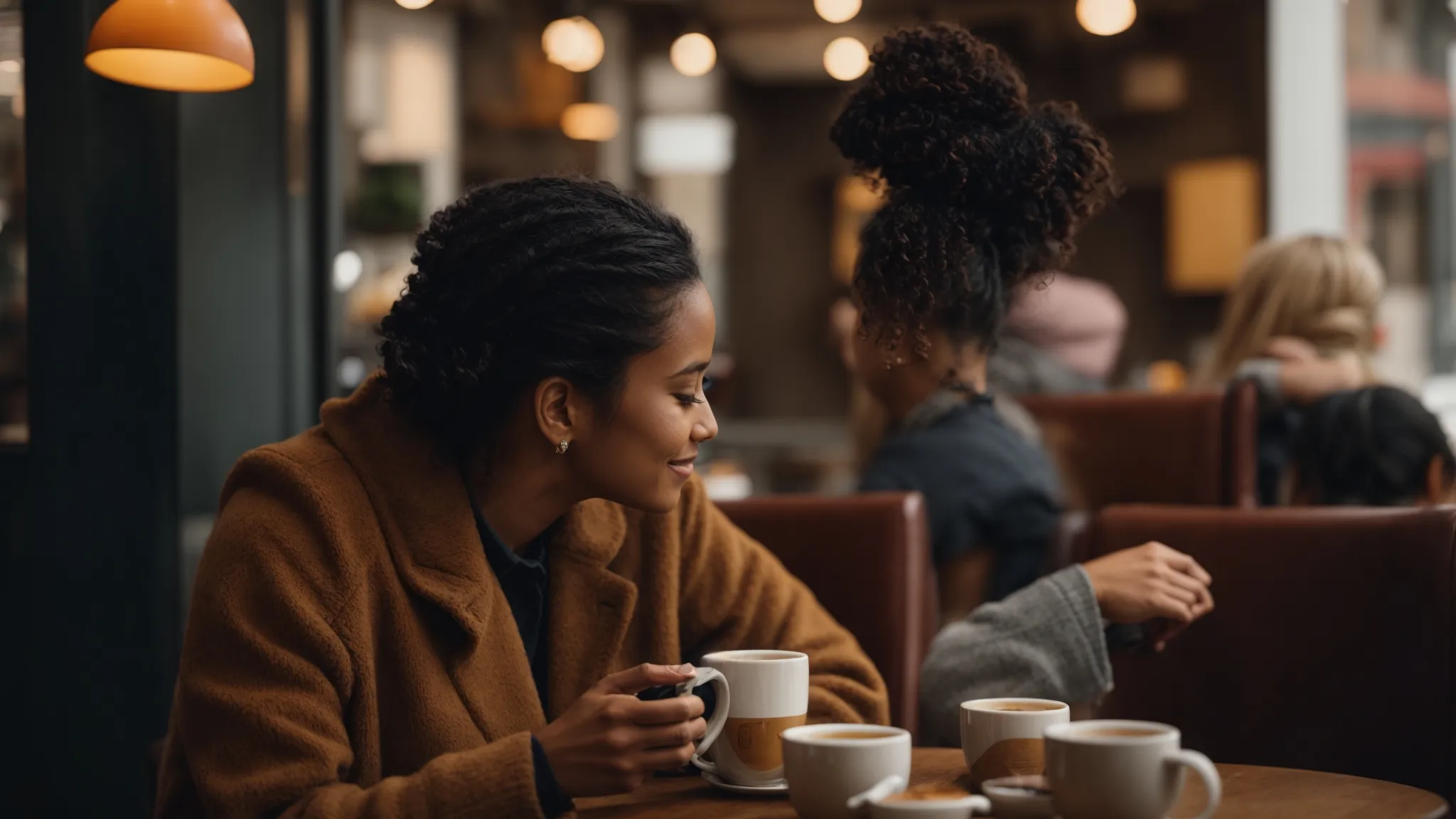 two individuals engaged in a lively conversation over a cup of coffee in a warm, inviting cafe, symbolizing genuine human connection.