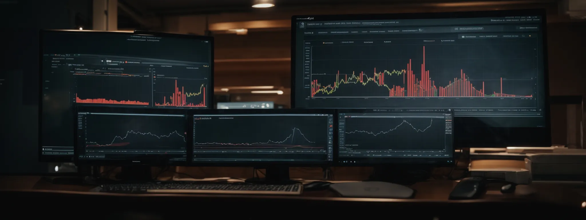 a computer screen displays graphs and charts while a wordpress dashboard is visible in the background.