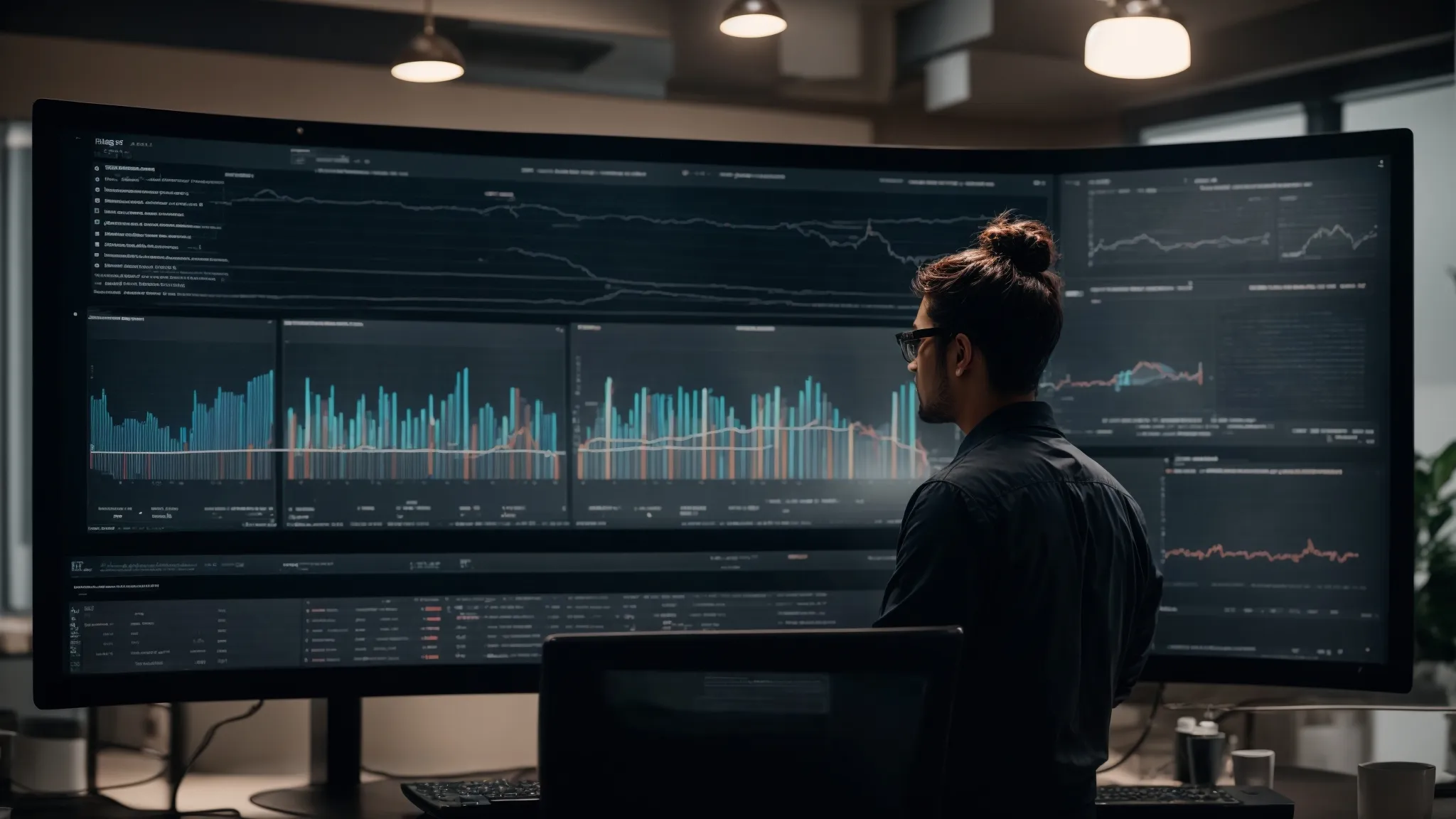 a web developer observing analytics on a large screen displays trends and performance metrics.