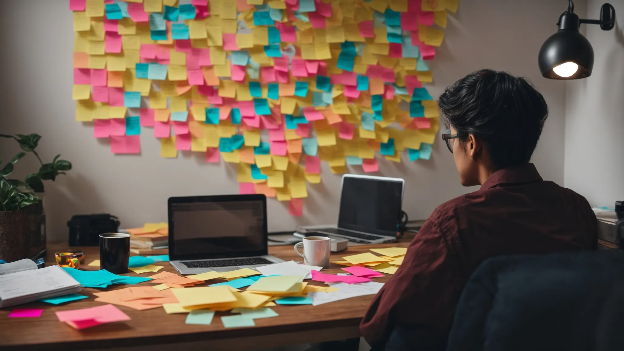 a person sitting at a desk with a laptop open, surrounded by colorful sticky notes and strategy diagrams.