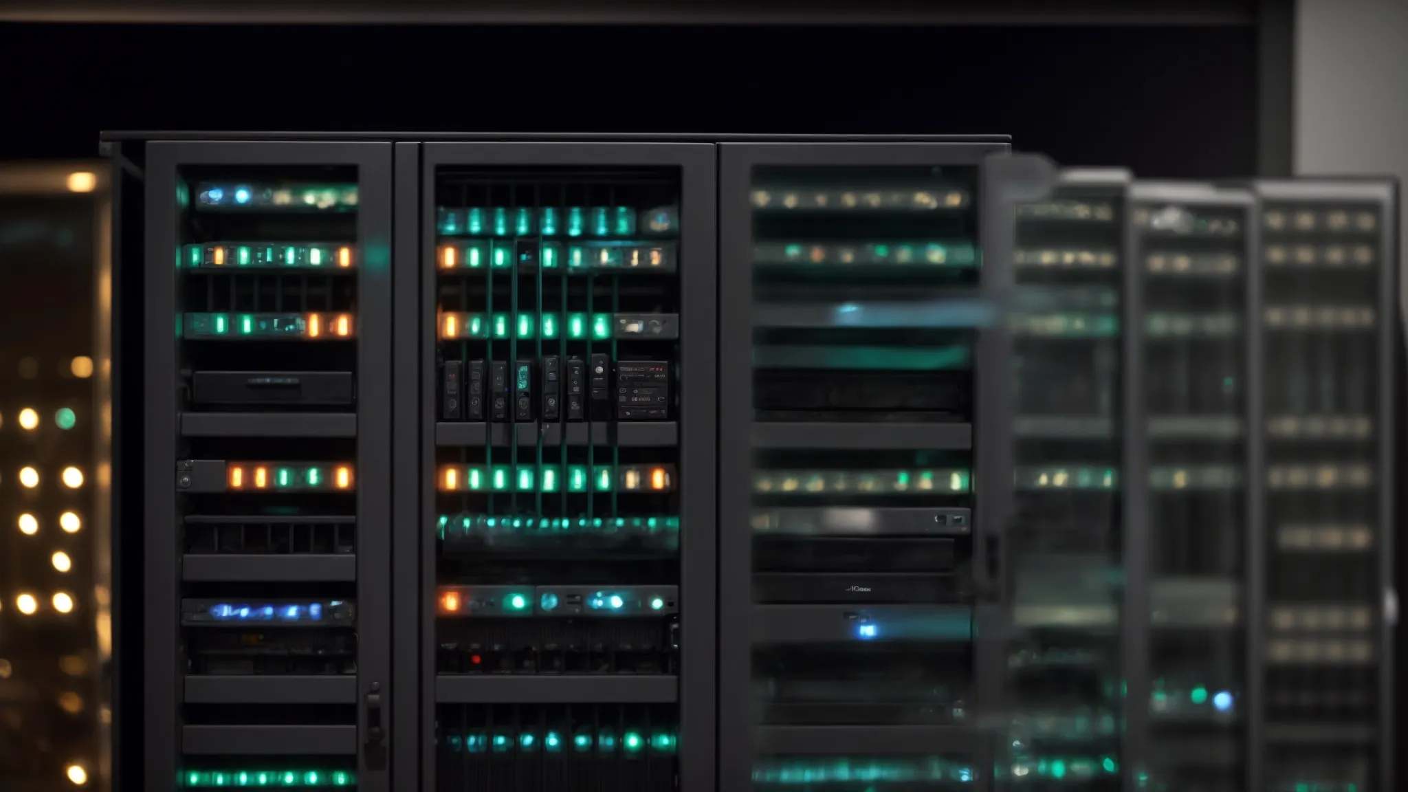 a server rack with blinking lights indicating active data processing.