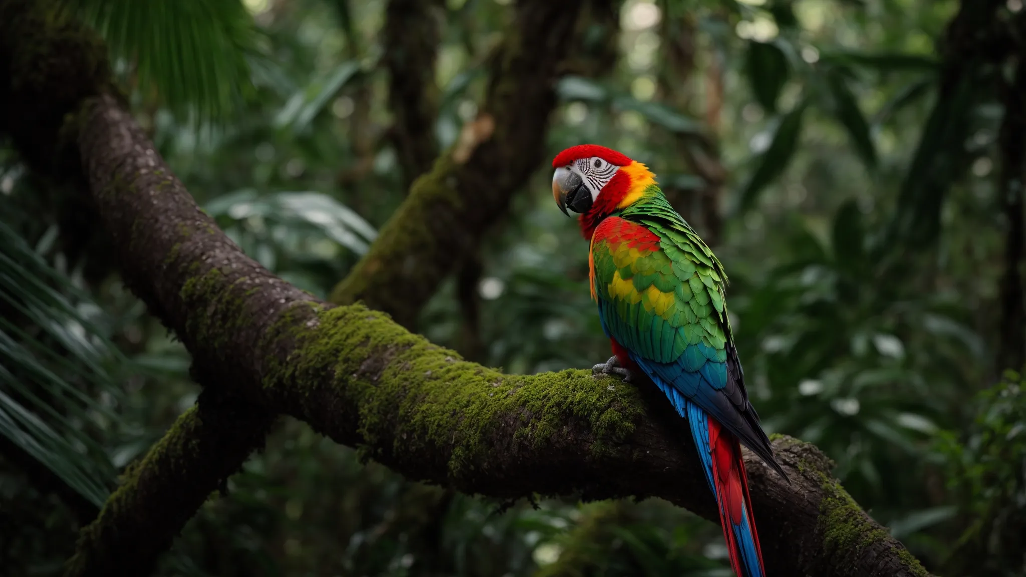 a colorful parrot perched on a branch in a tropical rainforest.