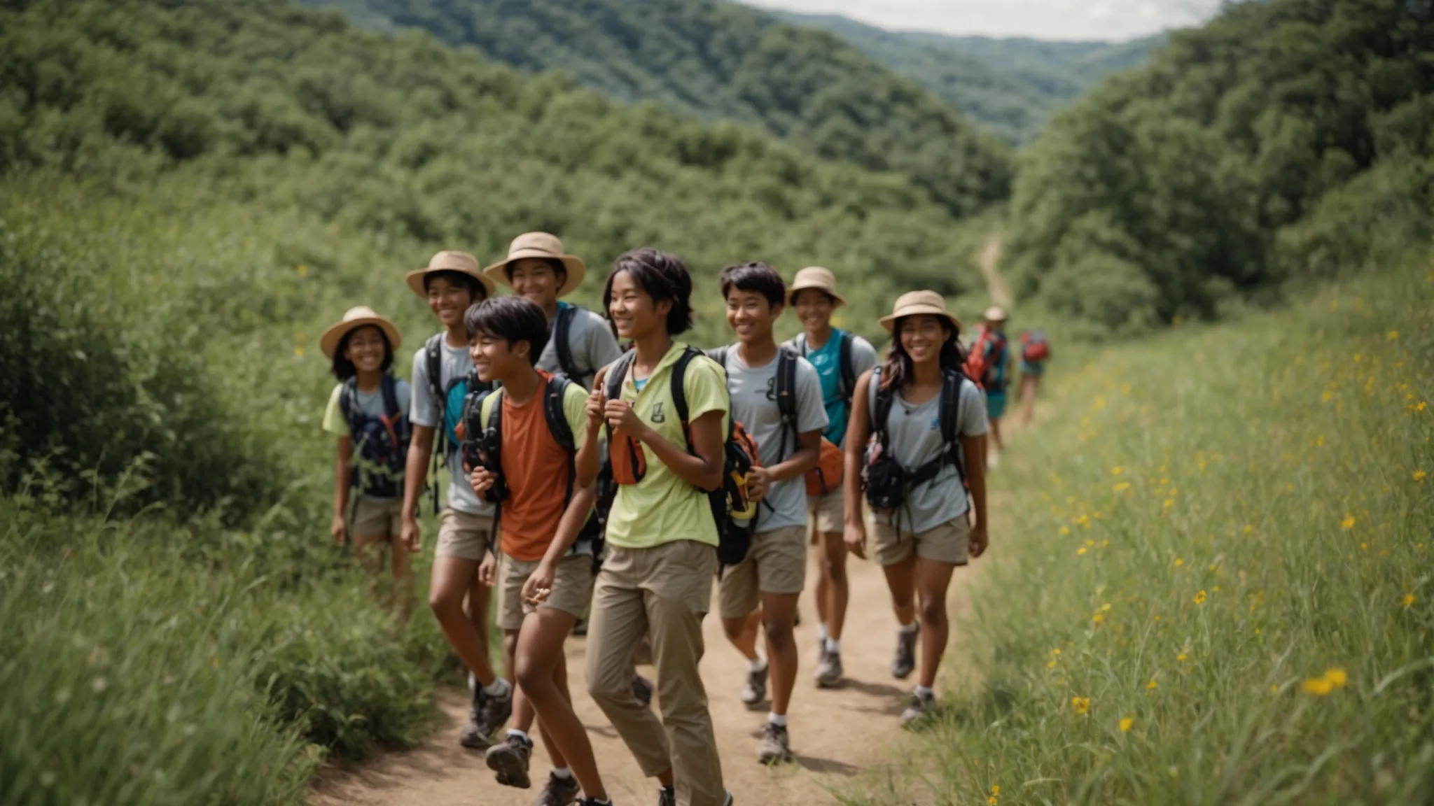 a group of students cheerfully embarks on a guided nature hike during a summer school field trip.