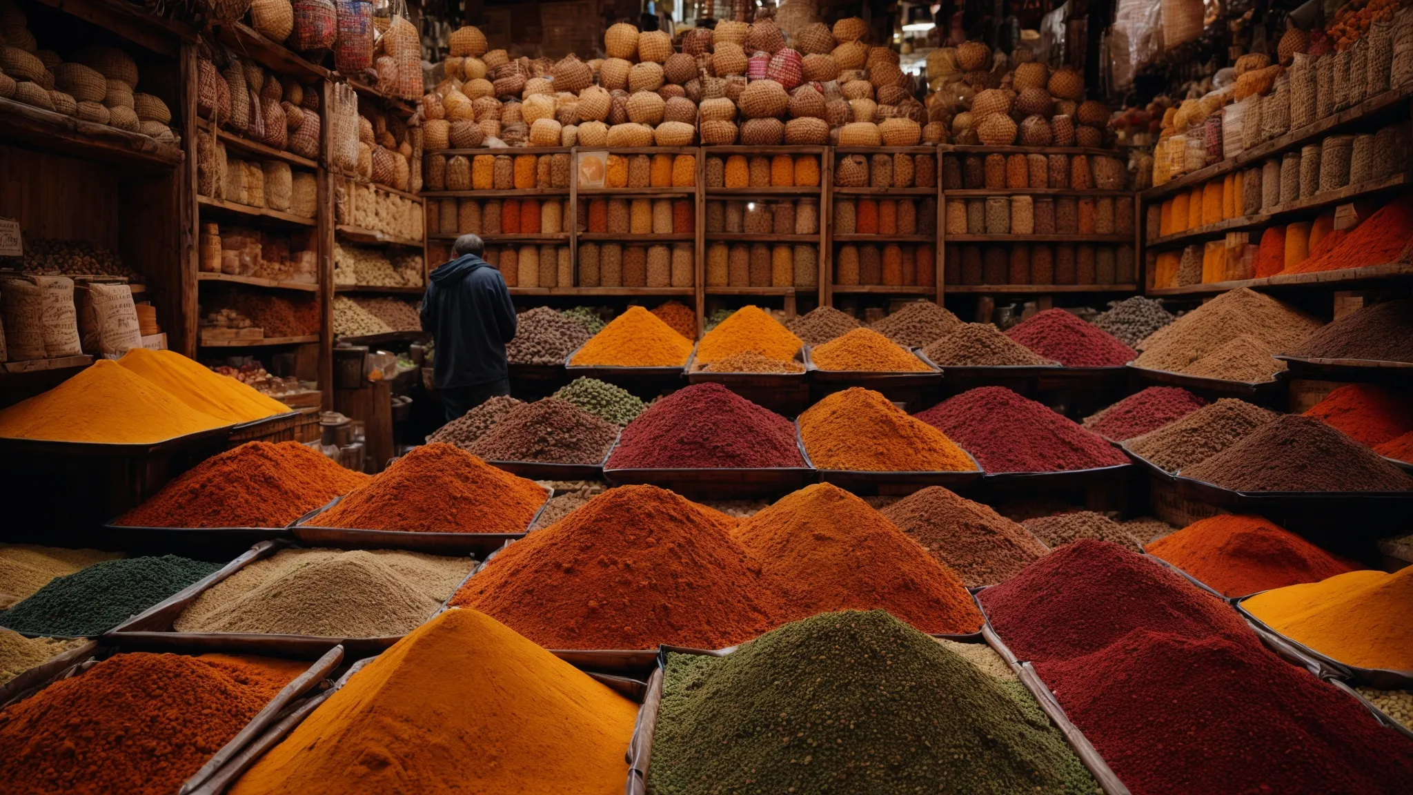 a person stands in an aromatic spice market, surrounded by a vivid tapestry of colors and scents.