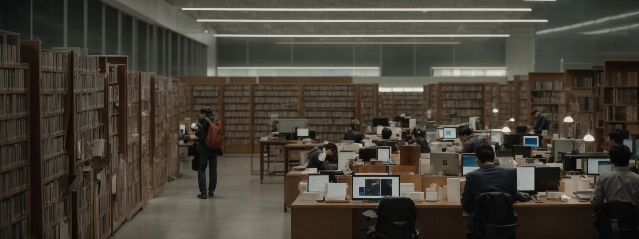 a bustling digital library with users browsing through organized archives on computer screens.