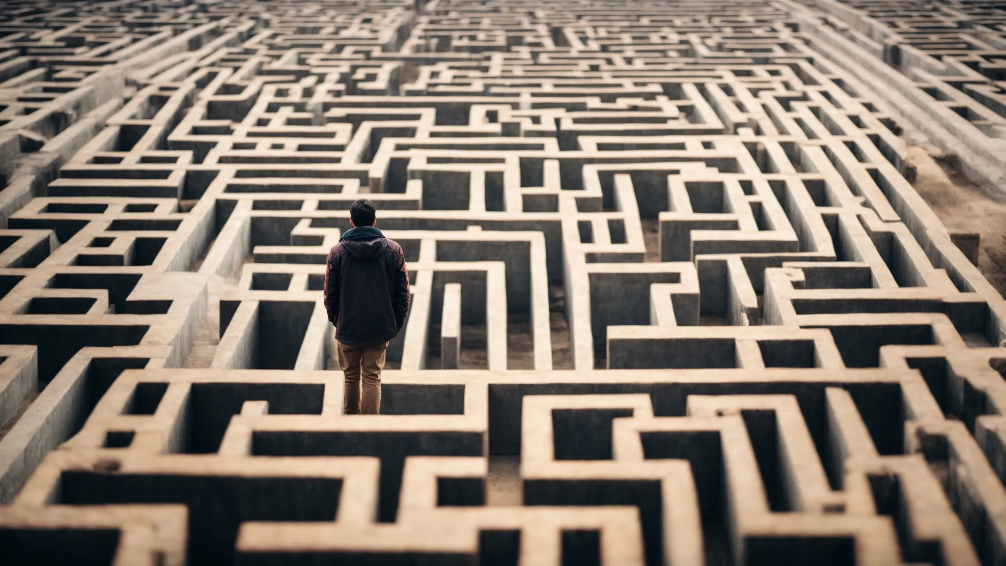 a person looking at a maze, symbolizing the strategic planning necessary to avoid the pitfall of keyword stuffing in seo.