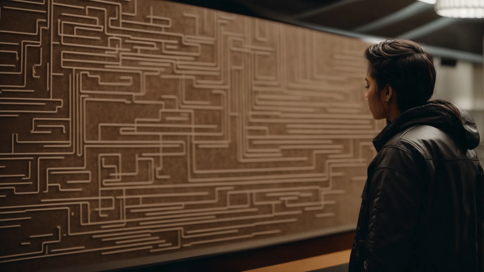 a person looking perplexed while staring at a large, maze-like flowchart on a computer screen.