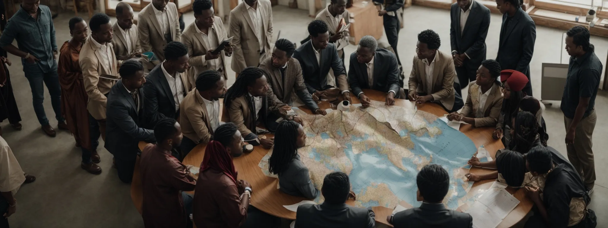 a diverse group of individuals from different cultural backgrounds engaged in a collaborative brainstorming session around a large table with a world map centerpiece.